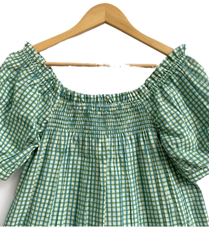 Turquoise Gingham Cotton Lounge Set – Puff Sleeve Smocked Top & Shorts