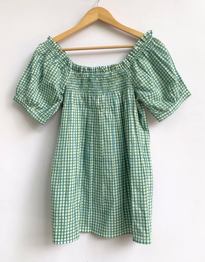 Turquoise Gingham Cotton Lounge Set – Puff Sleeve Smocked Top & Shorts