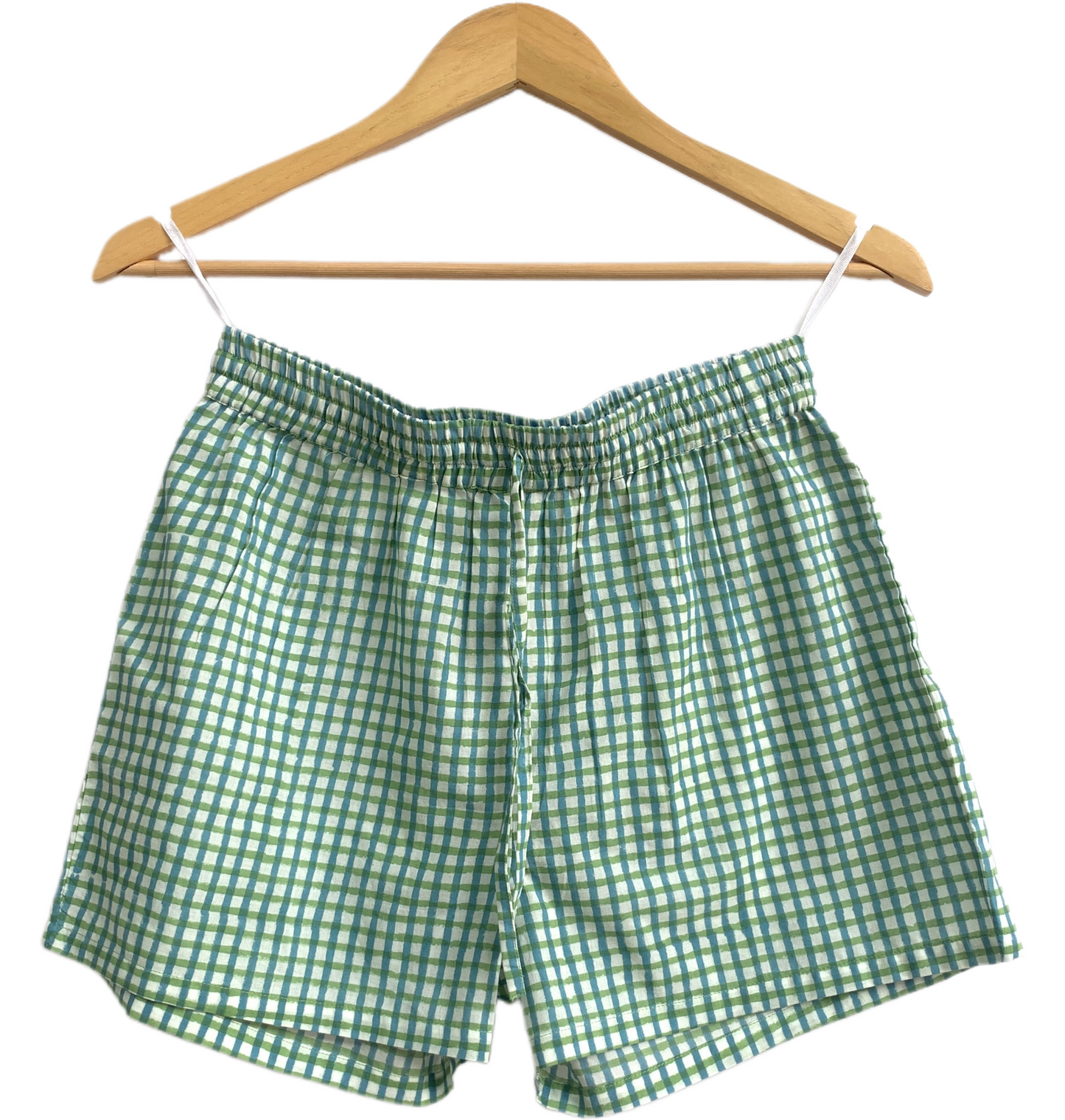 Turquoise Gingham Cotton Lounge Set – Puff Sleeve Smocked Top & Shorts