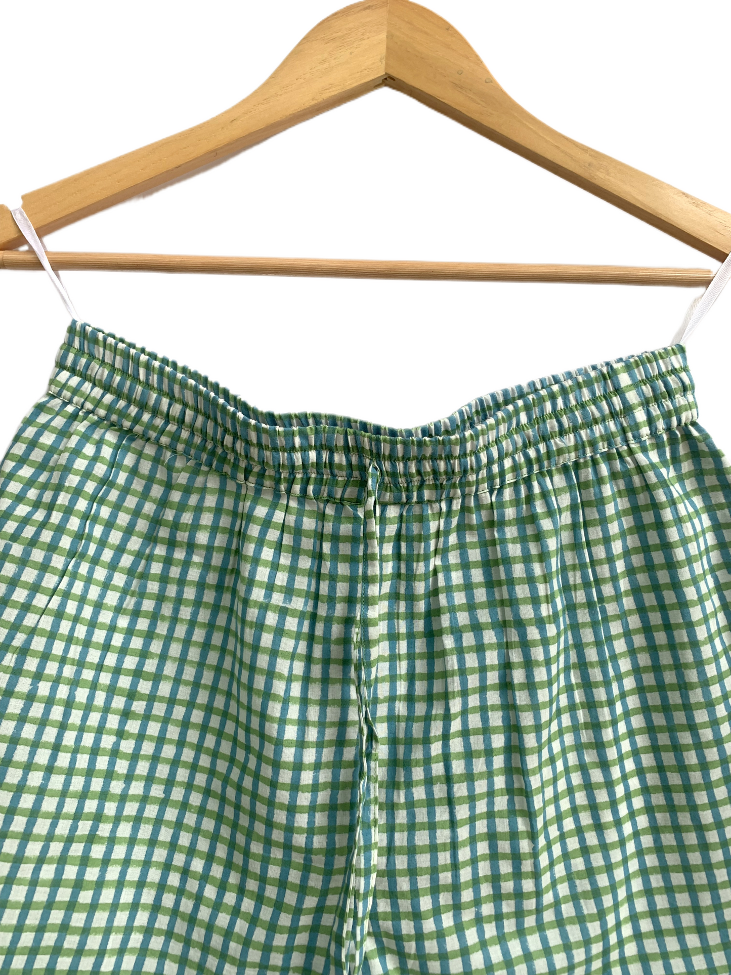 Turquoise Gingham Cotton Lounge Set – Puff Sleeve Smocked Top & Shorts
