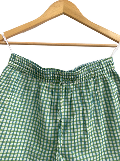 Turquoise Gingham Cotton Lounge Set – Puff Sleeve Smocked Top & Shorts