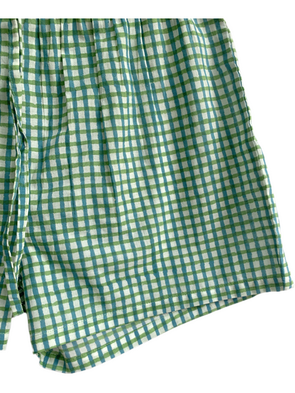 Turquoise Gingham Cotton Lounge Set – Puff Sleeve Smocked Top & Shorts