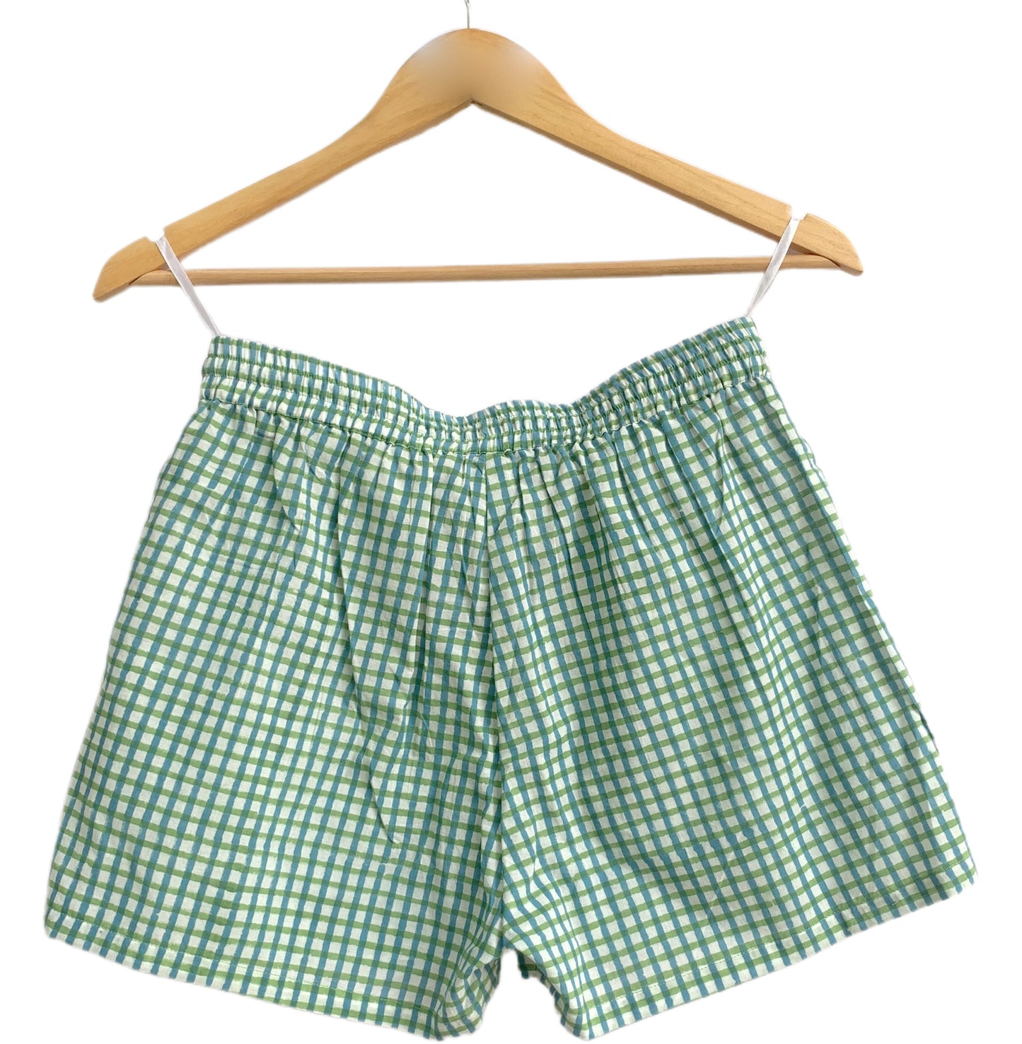 Turquoise Gingham Cotton Lounge Set – Puff Sleeve Smocked Top & Shorts