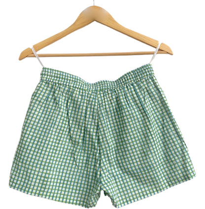 Turquoise Gingham Cotton Lounge Set – Puff Sleeve Smocked Top & Shorts