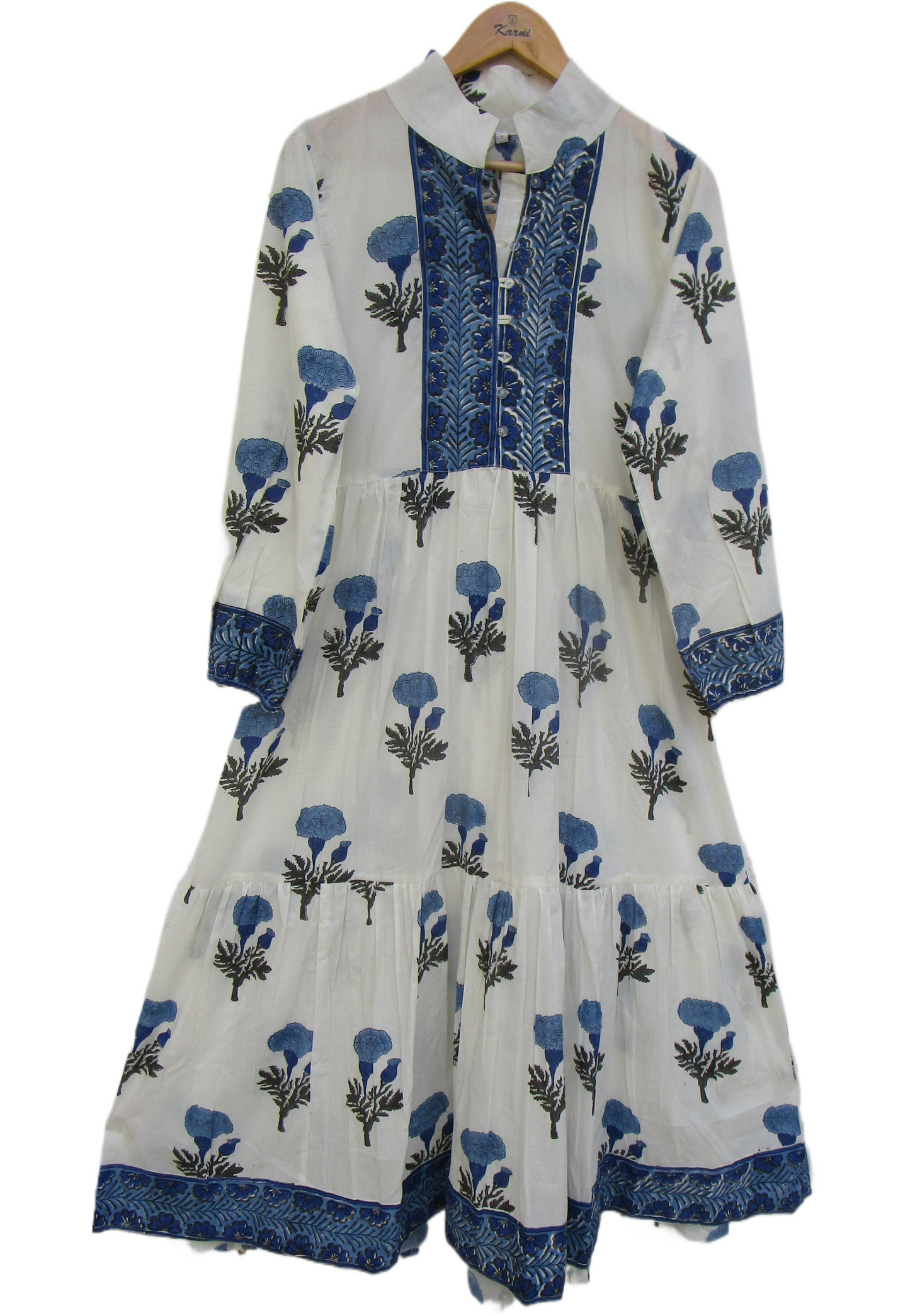 Blue Floral Cotton Maxi Dress – Long Sleeve Boho Style, Collared Neckline