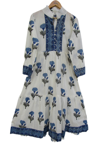 Blue Floral Cotton Maxi Dress – Long Sleeve Boho Style, Collared Neckline