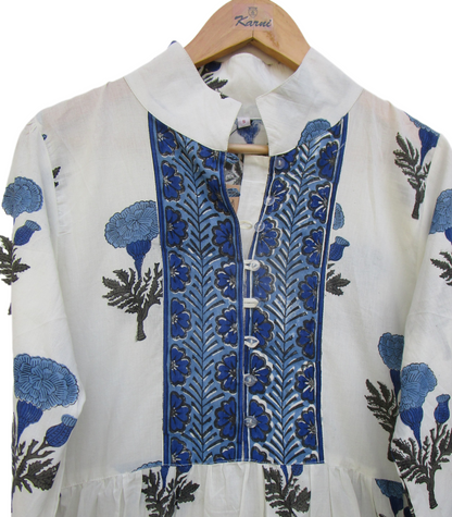 Blue Floral Cotton Maxi Dress – Long Sleeve Boho Style, Collared Neckline