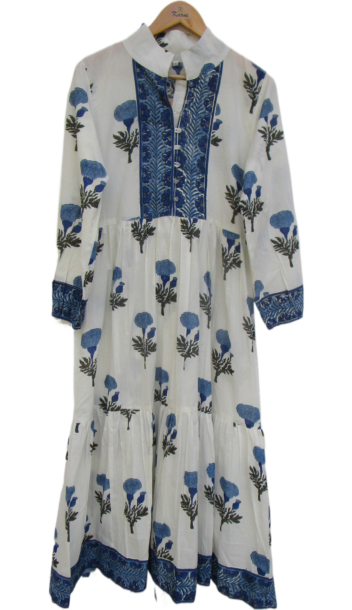 Blue Floral Cotton Maxi Dress – Long Sleeve Boho Style, Collared Neckline