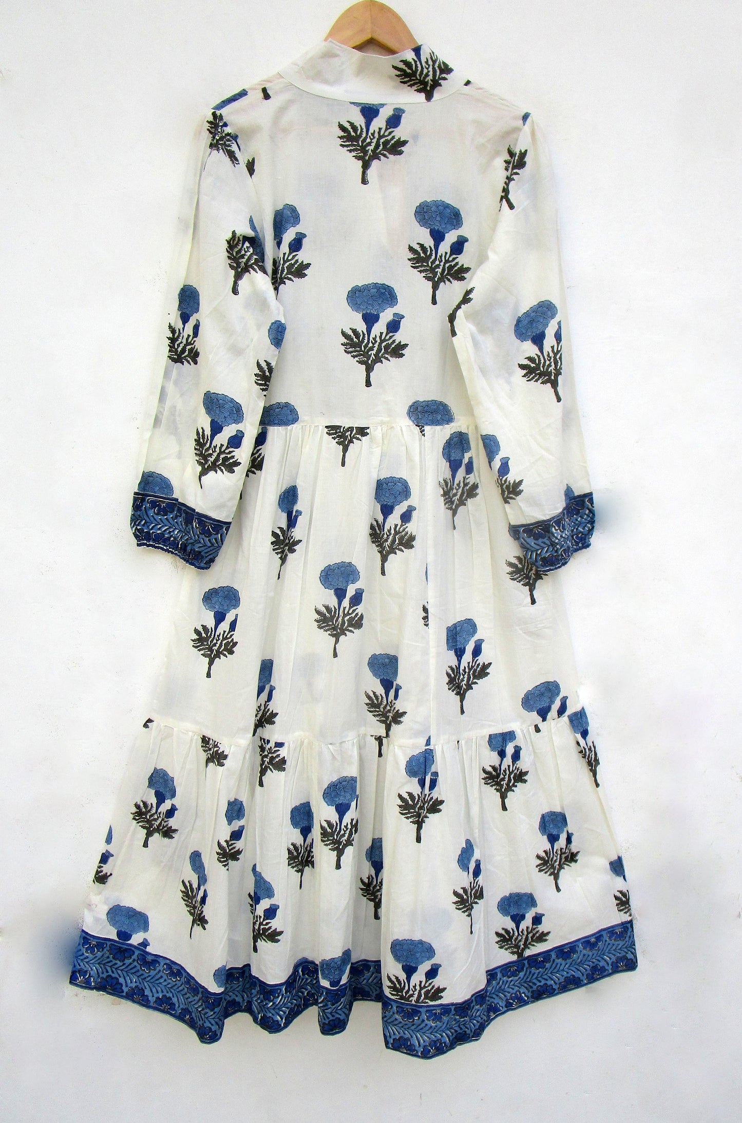 Blue Floral Cotton Maxi Dress – Long Sleeve Boho Style, Collared Neckline