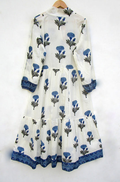 Blue Floral Cotton Maxi Dress – Long Sleeve Boho Style, Collared Neckline