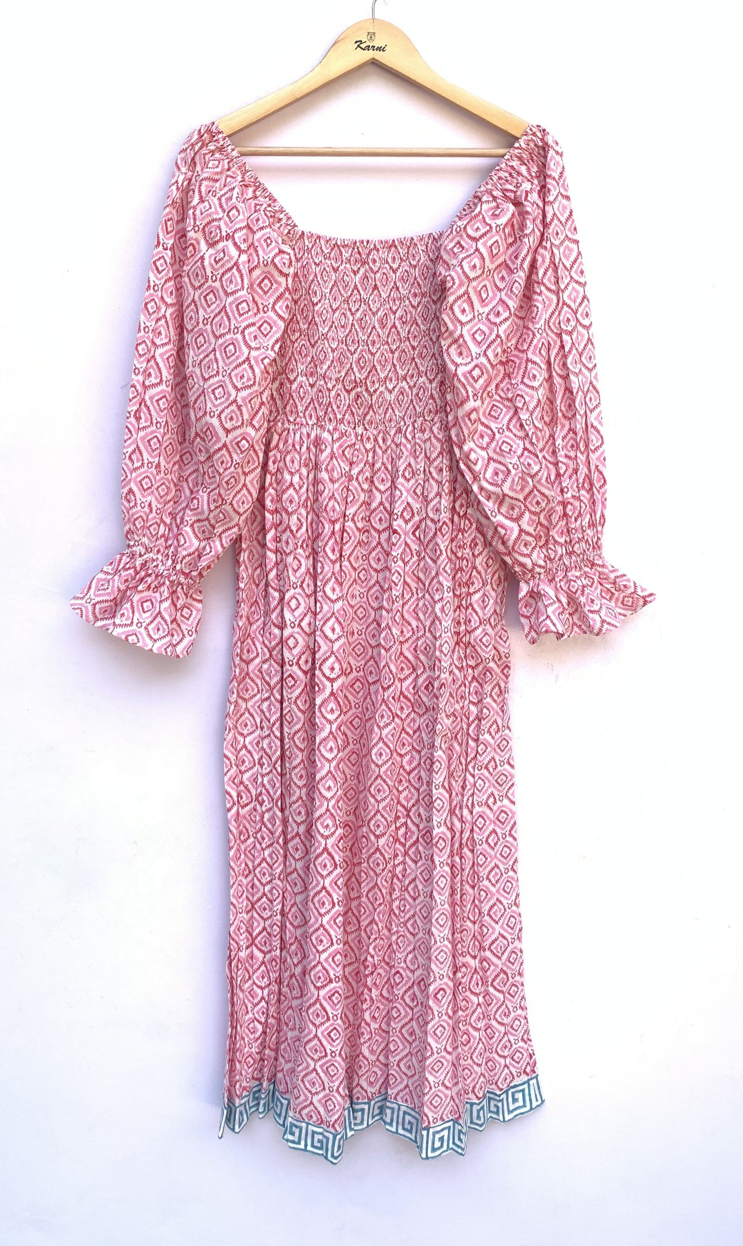Pink Ikat Block Print Cotton Midi Dress – Square Neck Smocked Bohemian Dress