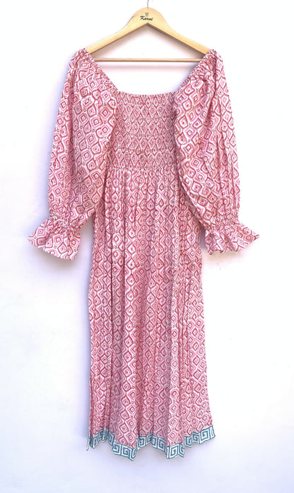 Pink Ikat Block Print Cotton Midi Dress – Square Neck Smocked Bohemian Dress