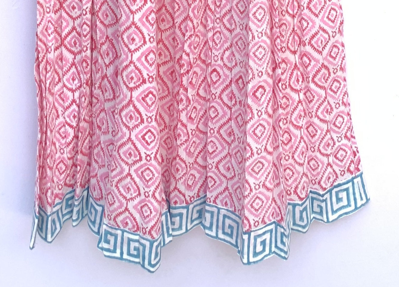 Pink Ikat Block Print Cotton Midi Dress – Square Neck Smocked Bohemian Dress