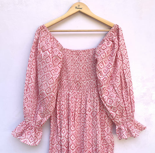 Pink Ikat Block Print Cotton Midi Dress – Square Neck Smocked Bohemian Dress