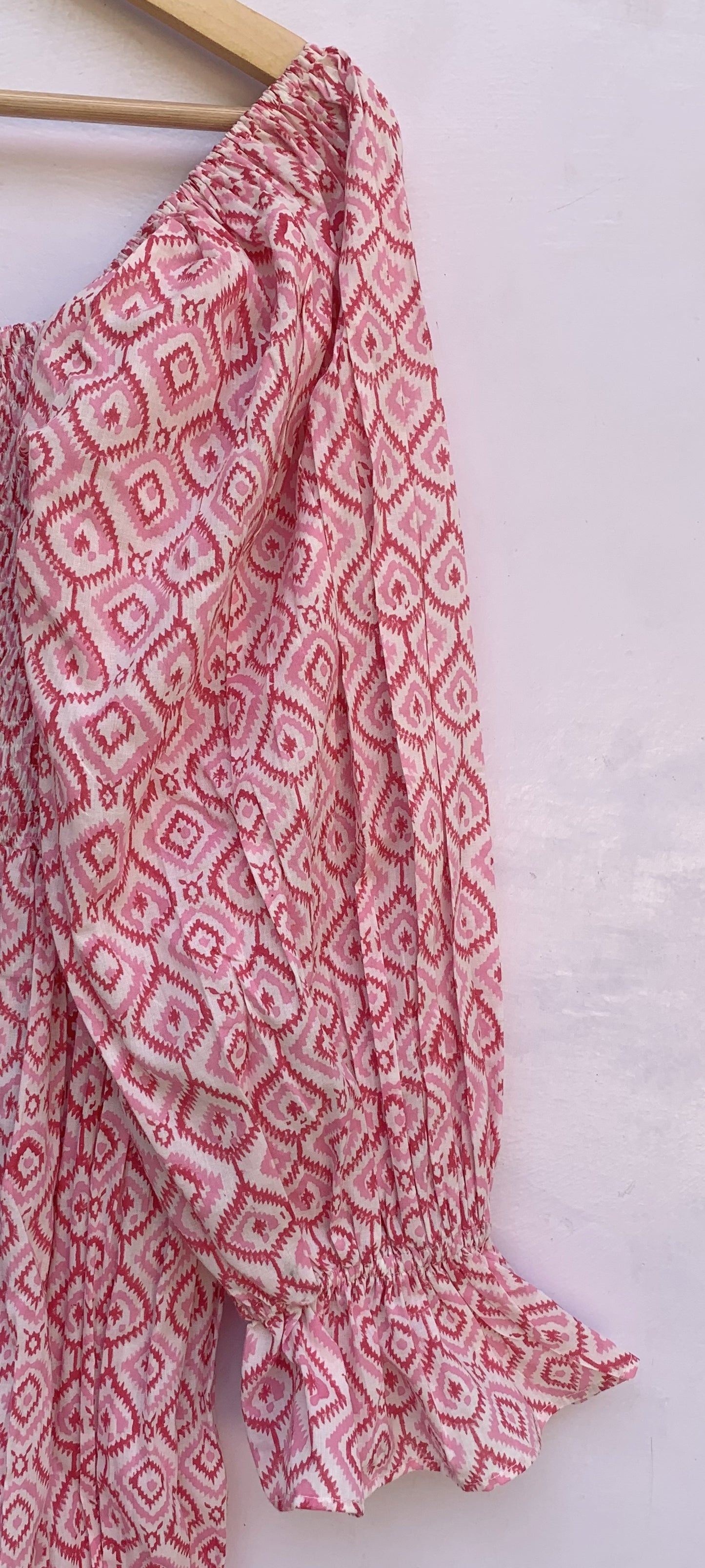 Pink Ikat Block Print Cotton Midi Dress – Square Neck Smocked Bohemian Dress