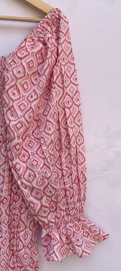 Pink Ikat Block Print Cotton Midi Dress – Square Neck Smocked Bohemian Dress