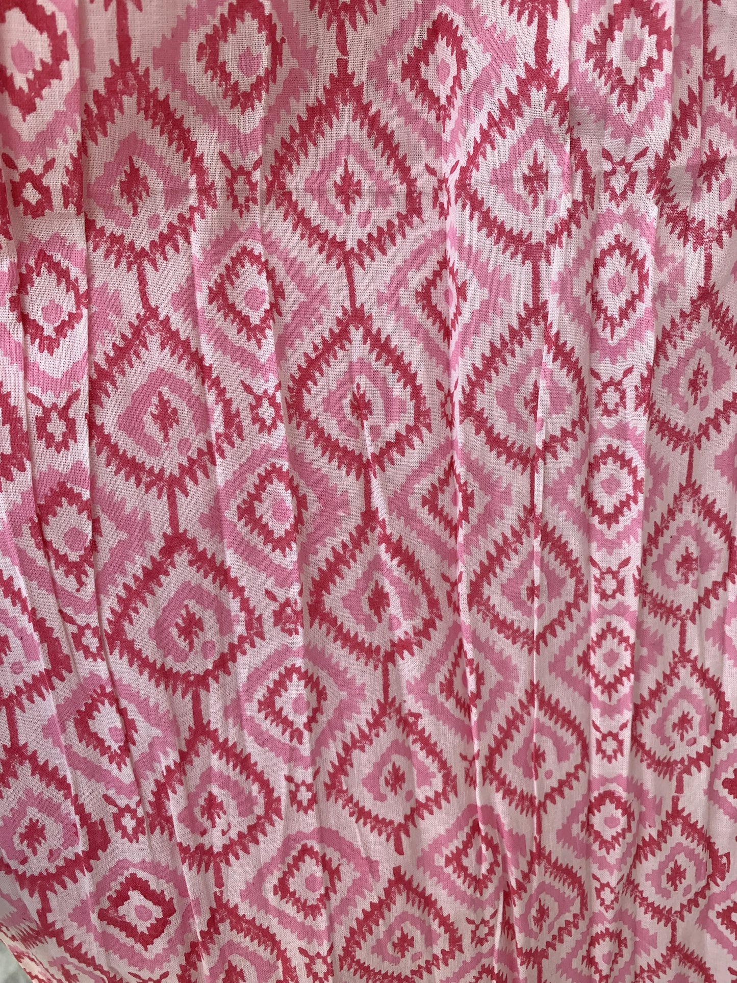 Pink Ikat Block Print Cotton Midi Dress – Square Neck Smocked Bohemian Dress