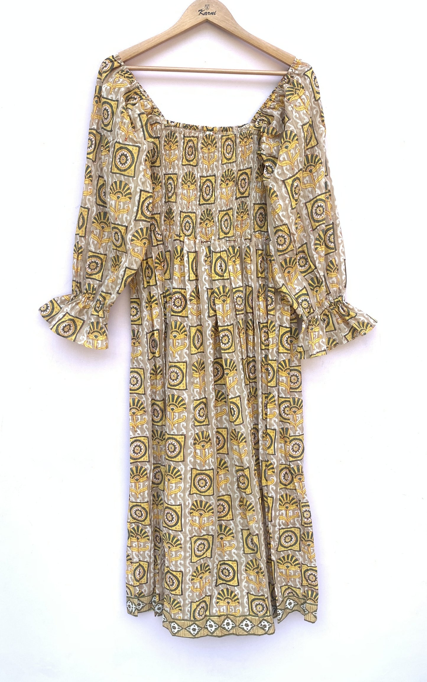 Olive Mustard Hand Block Printed Cotton Midi Dress – Smocked Bodice Puff Sleeve Boho Dress