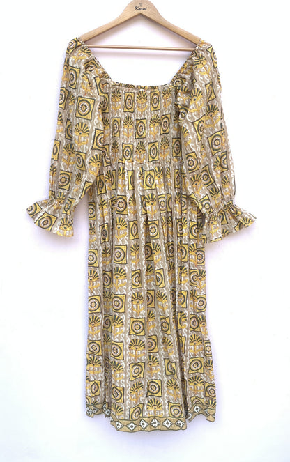 Olive Mustard Hand Block Printed Cotton Midi Dress – Smocked Bodice Puff Sleeve Boho Dress
