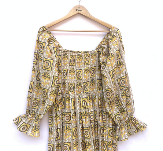 Olive Mustard Hand Block Printed Cotton Midi Dress – Smocked Bodice Puff Sleeve Boho Dress