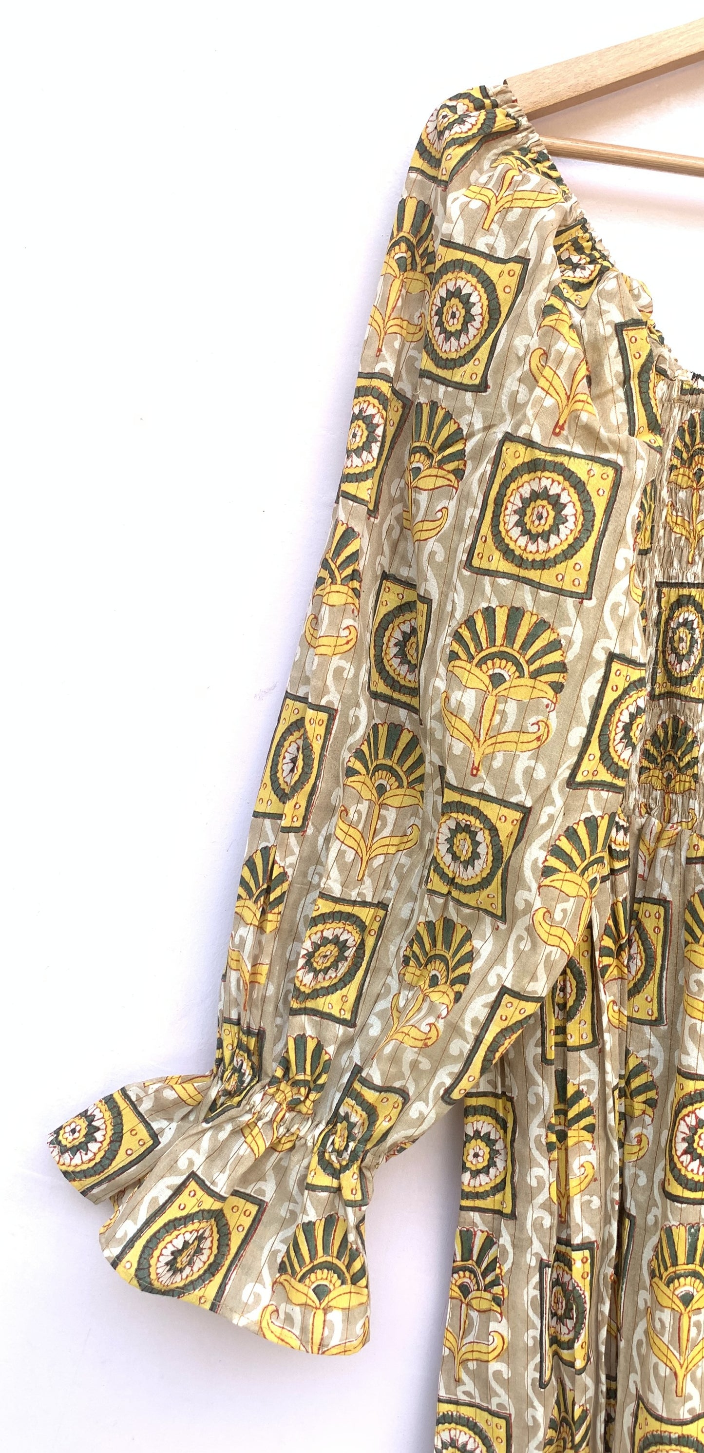 Olive Mustard Hand Block Printed Cotton Midi Dress – Smocked Bodice Puff Sleeve Boho Dress