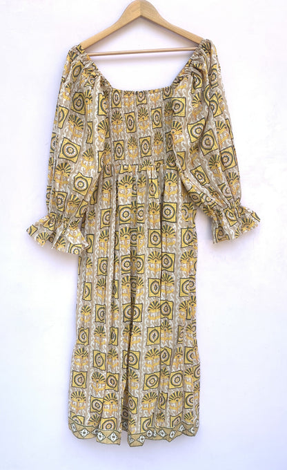 Olive Mustard Hand Block Printed Cotton Midi Dress – Smocked Bodice Puff Sleeve Boho Dress