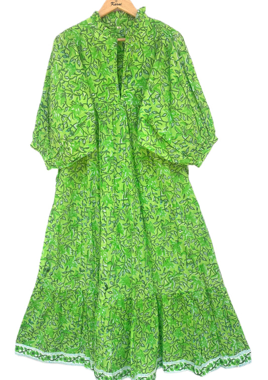 Green Leaf Print Hand Block Printed Cotton Midi Dress – Boho Puff Sleeve Tiered Dress – Ruffle Neck Indian Summer Dress for Women