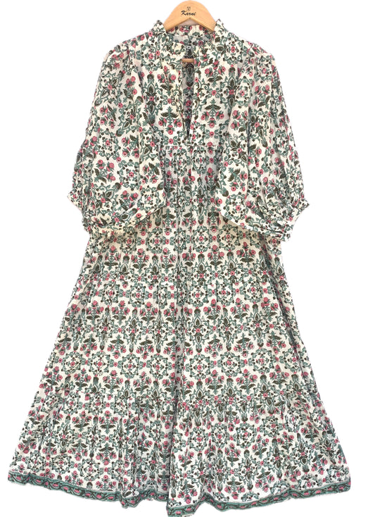 Ivory Pink Floral Hand Block Printed Cotton Midi Dress – Boho Ruffle Neck Tiered Dress – Puff Sleeve Indian Summer Dress for Women