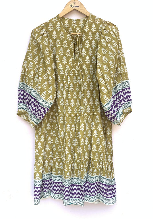 pretty mustard mini womens cotton dress with purple borders