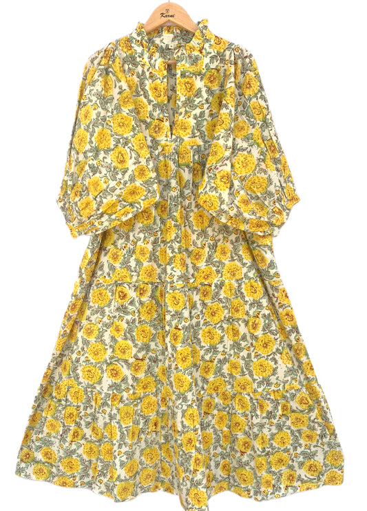 Yellow Marigold Floral Hand Block Printed Cotton Midi Dress – Boho Ruffle Neck Tiered Dress – Puff Sleeve Indian Summer Dress for Women