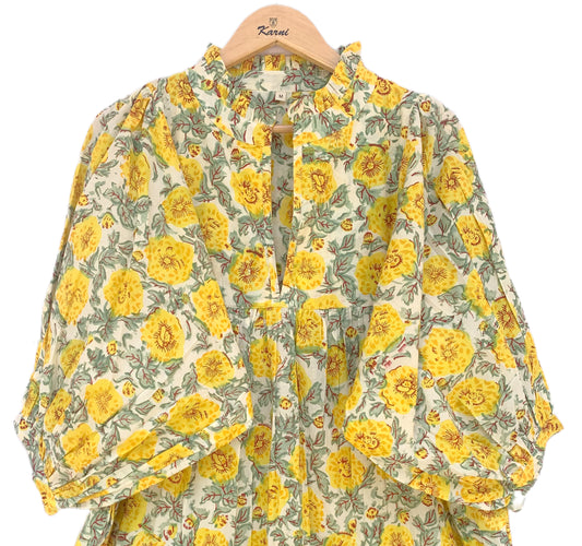 Yellow Marigold Floral Hand Block Printed Cotton Midi Dress – Boho Ruffle Neck Tiered Dress – Puff Sleeve Indian Summer Dress for Women