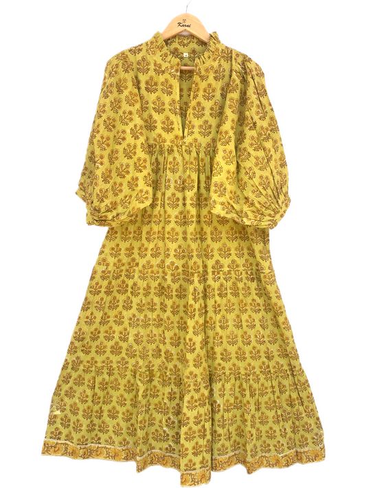 Yellow Buti Floral Hand Block Printed Cotton Midi Dress – Boho Ruffle Neck Puff Sleeve Tiered Dress – Indian Summer Dress for Women