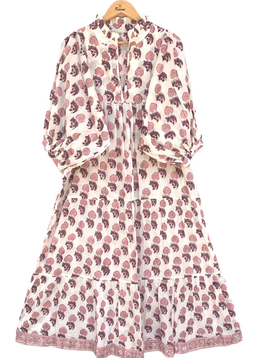 Pink Floral Hand Block Printed Cotton Midi Dress – Boho Puff Sleeve Ruffle Neck Tiered Dress – Indian Summer Dress for Women