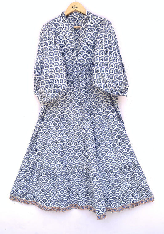 Indigo Hand Block Printed Cotton Midi Dress – Fan Motif Boho Puff Sleeve Dress
