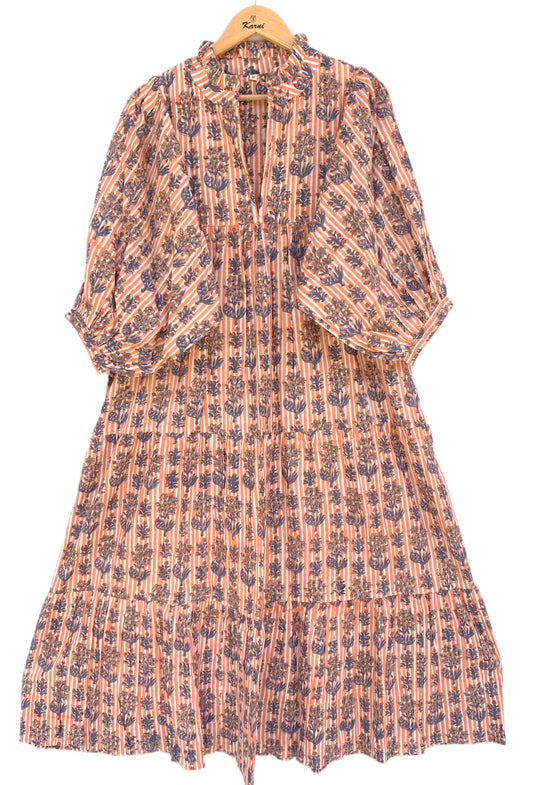 Peach & Indigo Striped Hand Block Printed Cotton Midi Dress – Boho Puff Sleeve Floral Dress