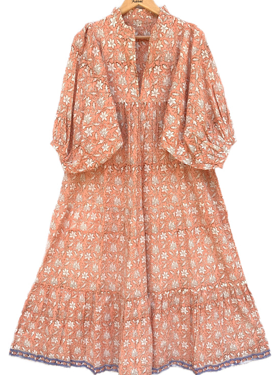 Peach Hand Block Printed Cotton Midi Dress – White Floral Boho Puff Sleeve Dress