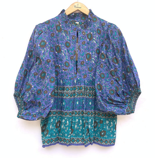 persian blue and sea green floral pattern blouse