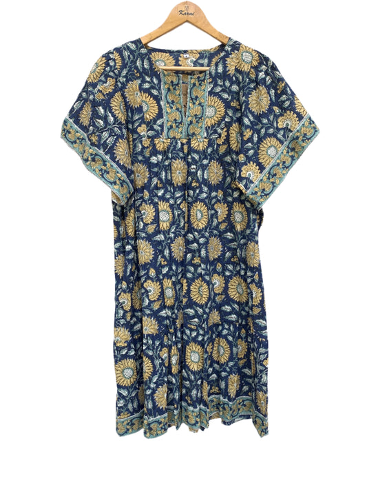 blue and yellow mini dress with short sleeves for women