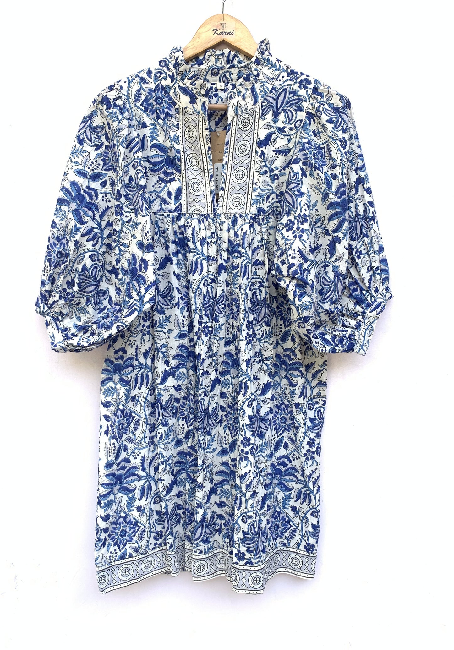 blue and white floral mini womens dress with balloon sleeves
