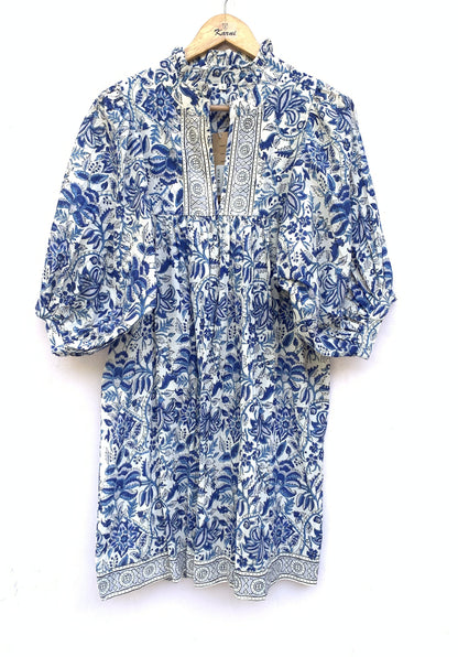 blue and white floral mini womens dress with balloon sleeves