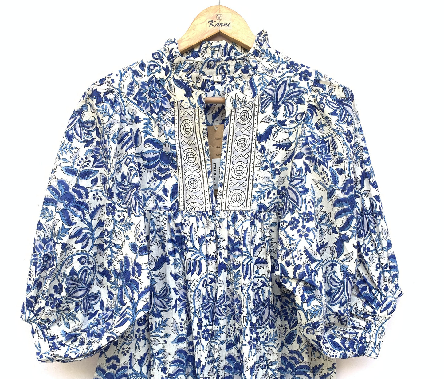 blue and white floral mini womens dress with balloon sleeves