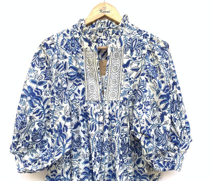 blue and white floral mini womens dress with balloon sleeves