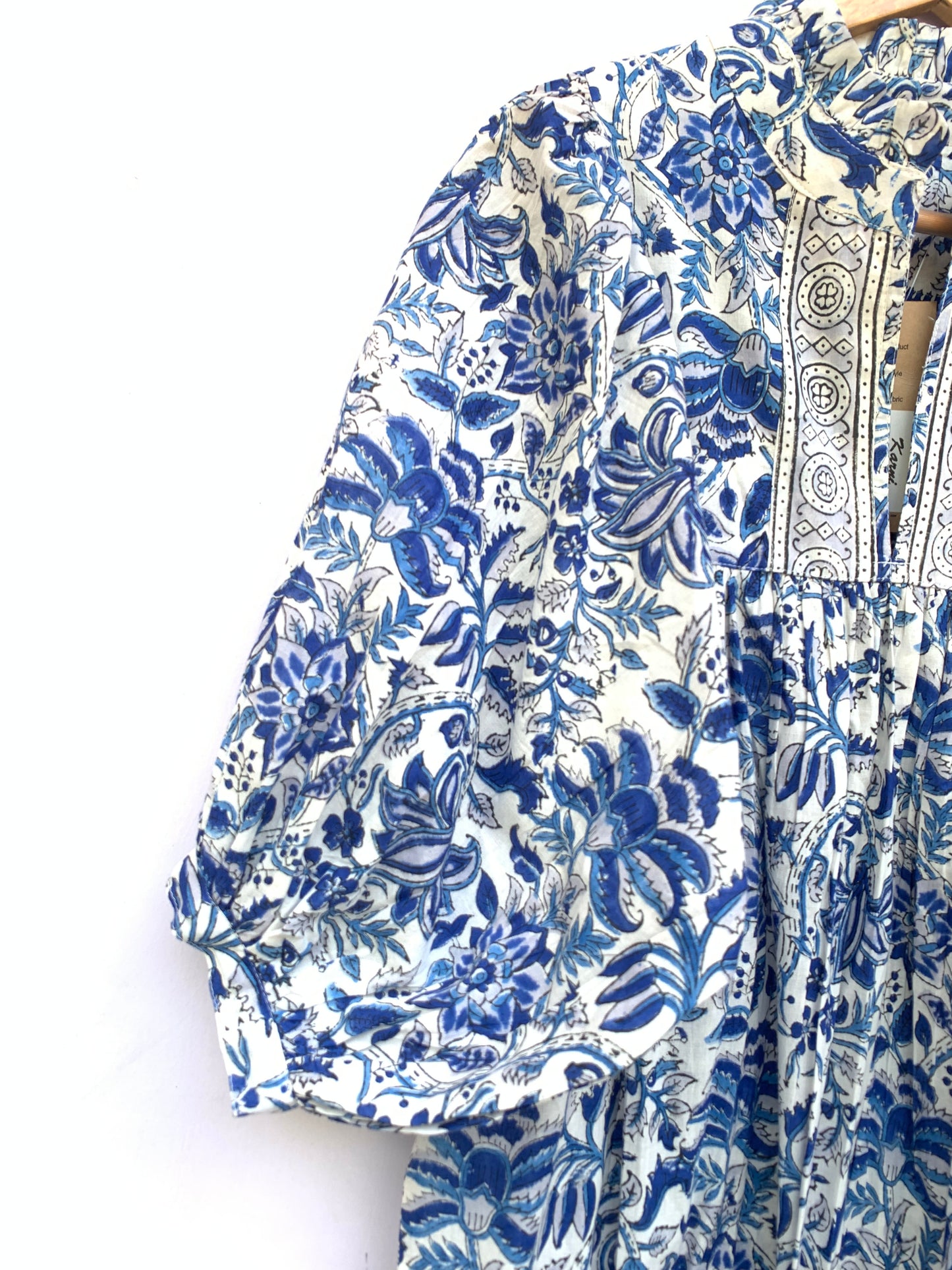 blue and white floral mini womens dress with balloon sleeves