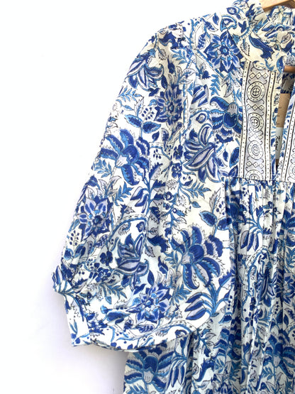 blue and white floral mini womens dress with balloon sleeves