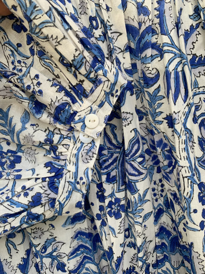 blue and white floral mini womens dress with balloon sleeves