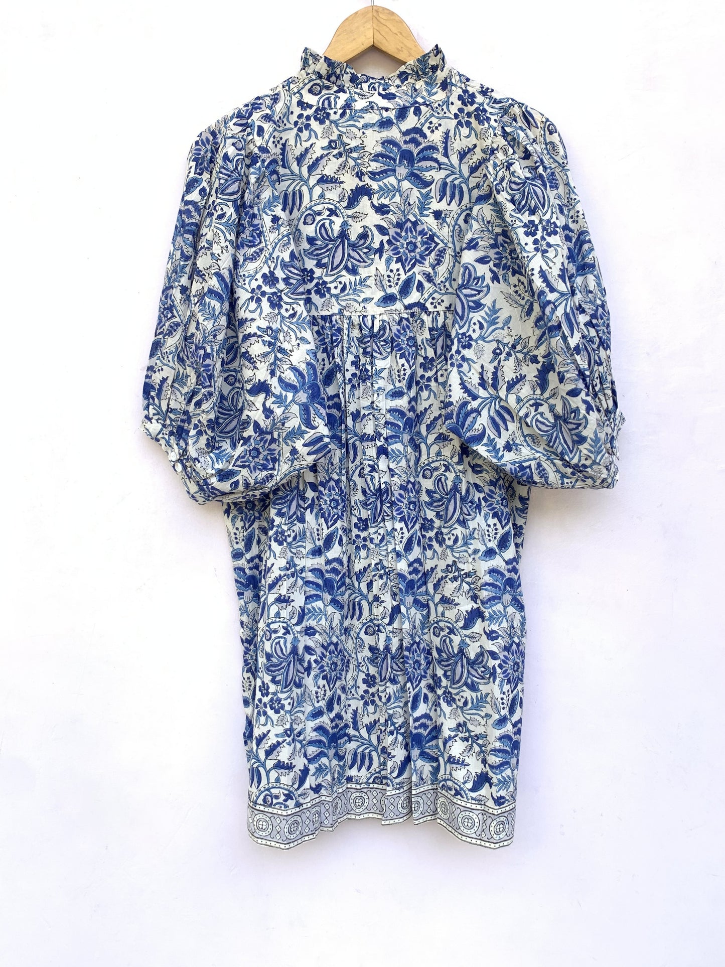 blue and white floral mini womens dress with balloon sleeves