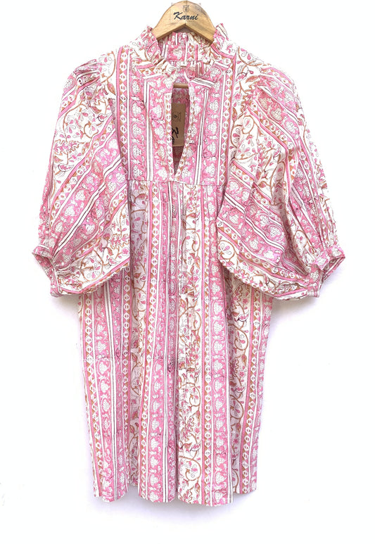 pretty pink floral striped mini dress with button sleeves