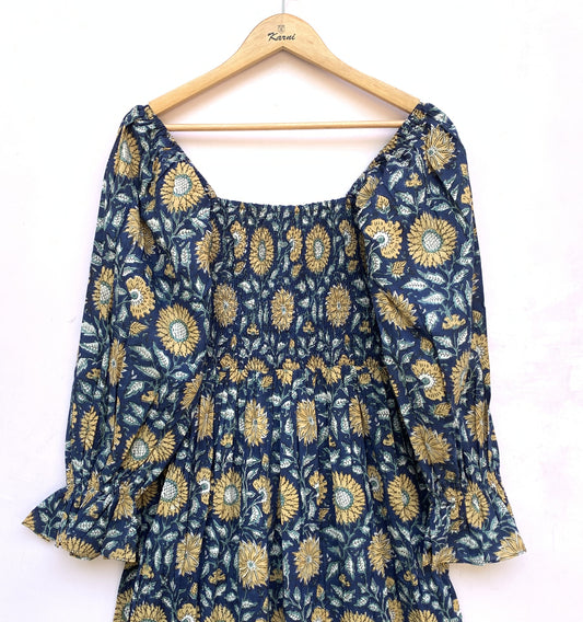 Navy Blue Sunflower Block Print Cotton Midi Dress – Smocked Boho Long Sleeve Dress