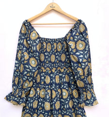 blue-yellow block printed branded women's maxi dress