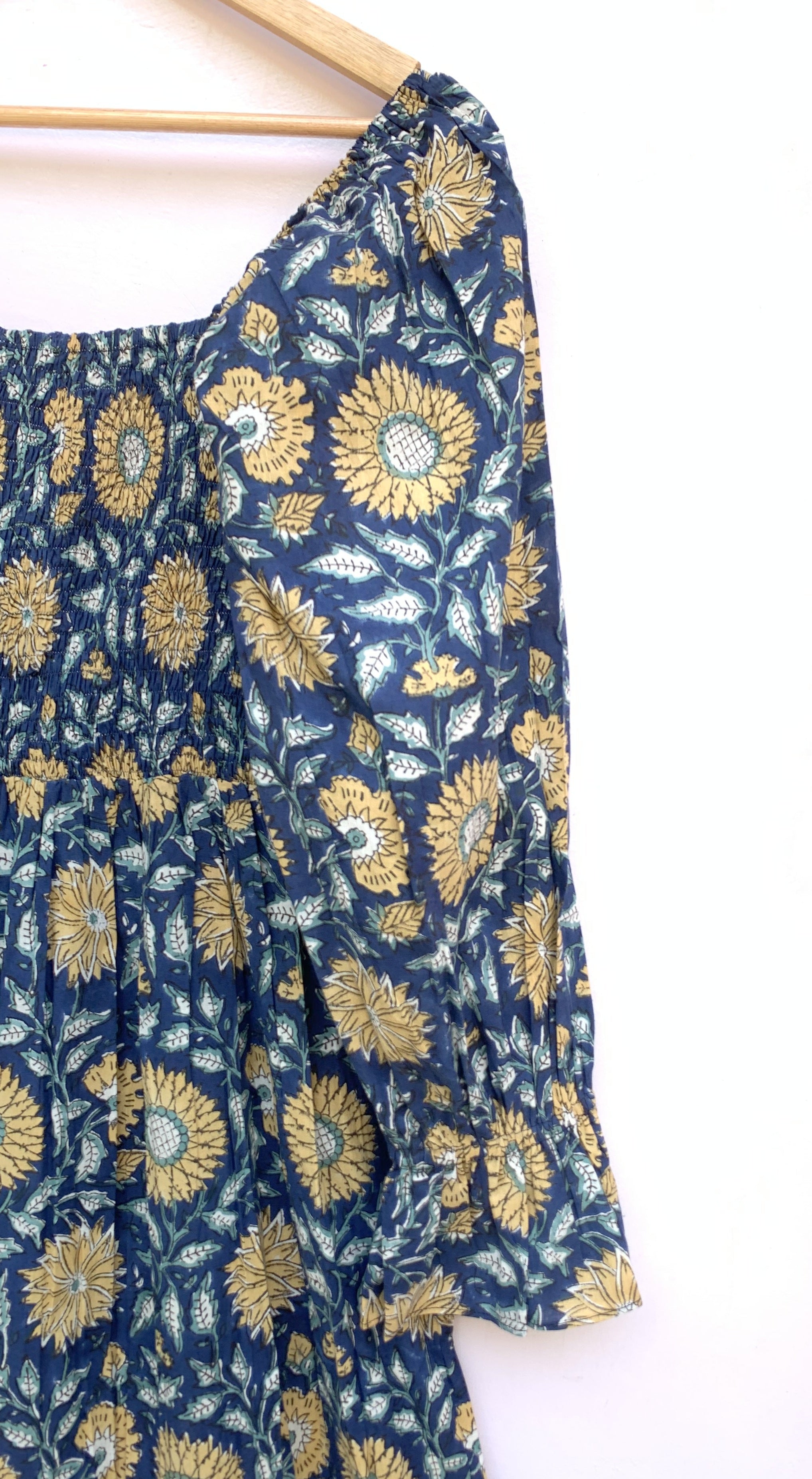 blue-yellow block printed branded women's maxi dress